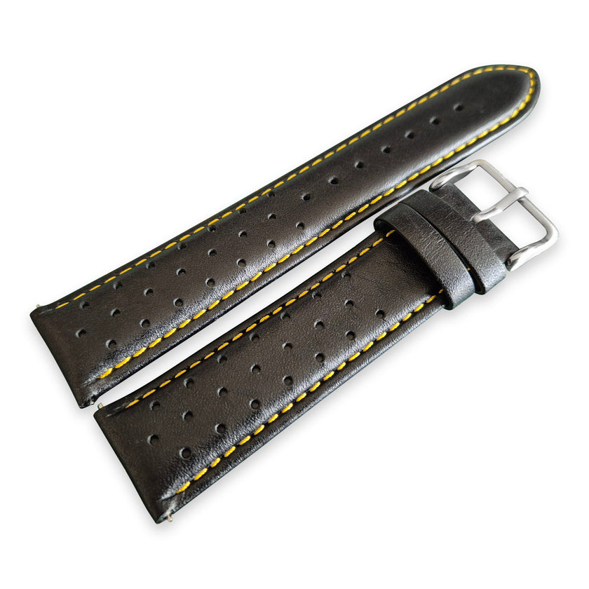 Black And Yellow Leather Rally Watch Strap