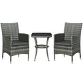 Outsunny 3 Pieces Rattan Bistro Set, Wicker Garden Furniture Set with 2-Tier Coffee Table and Chairs, Washable Cushions, for Outdoor Patio Balcony, Mixed Grey