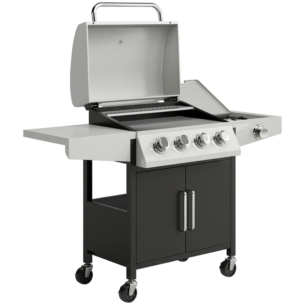Outsunny 4+1 Burner Gas BBQ Grill with Side Burner, 50000 BTU Steel Portable Gas Barbecue Grill with Built-in Thermometer, Lid